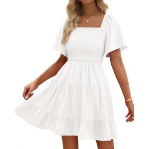 BTFBM Womens Summer Smocked Mini Dress Spring Square Neck Flutter Sleeve Casual Ruffle Swing Boho Beach Dresses Pockets(White)