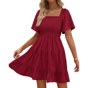 BTFBM Womens Summer Smocked Mini Dress Spring Square Neck Flutter Sleeve Casual Ruffle Swing Boho Beach Dresses Pockets(Wine Red)