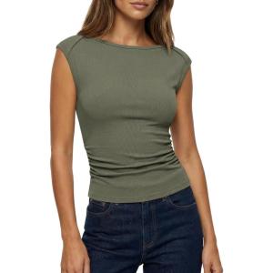 BTFBM Womens Summer Tops 2025 Boat Neck Cap Sleeve Tee Shirts Ruched Slim Fit Knit Going Out Tank Top Fashion Clothing(Army Green)