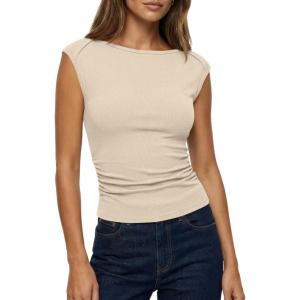 BTFBM Womens Summer Tops 2025 Boat Neck Cap Sleeve Tee Shirts Ruched Slim Fit Knit Going Out Tank Top Fashion Clothing(Beige)