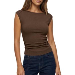 BTFBM Womens Summer Tops 2025 Boat Neck Cap Sleeve Tee Shirts Ruched Slim Fit Knit Going Out Tank Top Fashion Clothing(Brown)