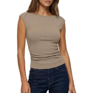 BTFBM Womens Summer Tops 2025 Boat Neck Cap Sleeve Tee Shirts Ruched Slim Fit Knit Going Out Tank Top Fashion Clothing(Khaki)