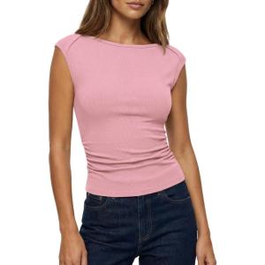 BTFBM Womens Summer Tops 2025 Boat Neck Cap Sleeve Tee Shirts Ruched Slim Fit Knit Going Out Tank Top Fashion Clothing(Pink)