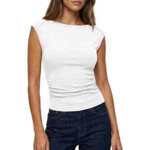 BTFBM Womens Summer Tops 2025 Boat Neck Cap Sleeve Tee Shirts Ruched Slim Fit Knit Going Out Tank Top Fashion Clothing(White)