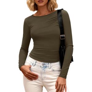 BTFBM Womens Tops 2025 Fall Clothes Long Sleeve T Shirts Boat Neck Ruched Slim Fit Casual Stretchy Going Out Outfits(Army Green)