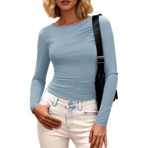 BTFBM Womens Tops 2025 Fall Clothes Long Sleeve T Shirts Boat Neck Ruched Slim Fit Casual Stretchy Going Out Outfits(Blue)