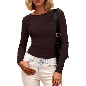 BTFBM Womens Tops 2025 Fall Clothes Long Sleeve T Shirts Boat Neck Ruched Slim Fit Casual Stretchy Going Out Outfits(Brown)