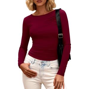 BTFBM Womens Tops 2025 Fall Clothes Long Sleeve T Shirts Boat Neck Ruched Slim Fit Casual Stretchy Going Out Outfits(Burgundy)