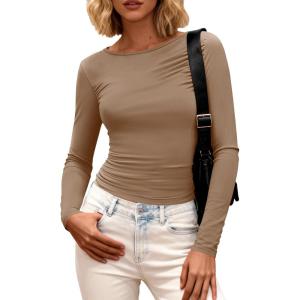 BTFBM Womens Tops 2025 Fall Clothes Long Sleeve T Shirts Boat Neck Ruched Slim Fit Casual Stretchy Going Out Outfits(Khaki)