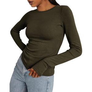 BTFBM Womens Tops 2026 Spring Outfits Long Sleeve Shirts Crewneck Work Blouses Stretchy Slim Fit Going Out Top Workout(Army Green)