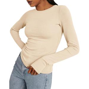 BTFBM Womens Tops 2026 Spring Outfits Long Sleeve Shirts Crewneck Work Blouses Stretchy Slim Fit Going Out Top Workout(Beige)