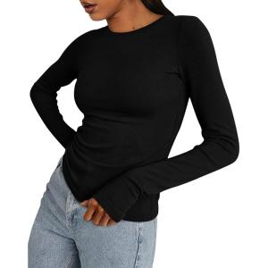 BTFBM Womens Tops 2026 Spring Outfits Long Sleeve Shirts Crewneck Work Blouses Stretchy Slim Fit Going Out Top Workout(Black)