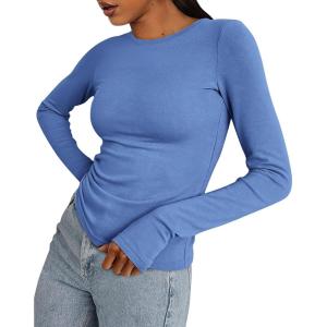 BTFBM Womens Tops 2026 Spring Outfits Long Sleeve Shirts Crewneck Work Blouses Stretchy Slim Fit Going Out Top Workout(Blue)