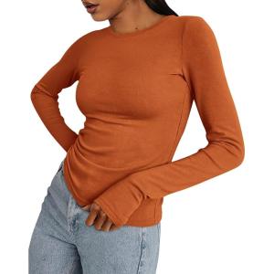 BTFBM Womens Tops 2026 Spring Outfits Long Sleeve Shirts Crewneck Work Blouses Stretchy Slim Fit Going Out Top Workout(Brick Red)