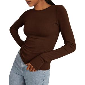 BTFBM Womens Tops 2026 Spring Outfits Long Sleeve Shirts Crewneck Work Blouses Stretchy Slim Fit Going Out Top Workout(Coffee)