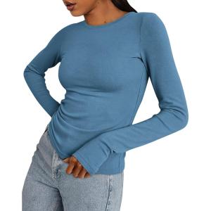 BTFBM Womens Tops 2026 Spring Outfits Long Sleeve Shirts Crewneck Work Blouses Stretchy Slim Fit Going Out Top Workout(Grey Blue)