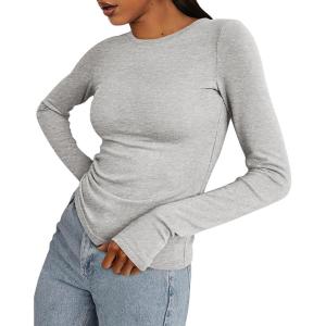 BTFBM Womens Tops 2026 Spring Outfits Long Sleeve Shirts Crewneck Work Blouses Stretchy Slim Fit Going Out Top Workout(Light Grey)