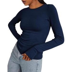 BTFBM Womens Tops 2026 Spring Outfits Long Sleeve Shirts Crewneck Work Blouses Stretchy Slim Fit Going Out Top Workout(Navy)