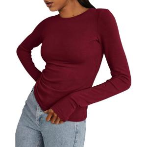 BTFBM Womens Tops 2026 Spring Outfits Long Sleeve Shirts Crewneck Work Blouses Stretchy Slim Fit Going Out Top Workout(Wine Red)