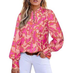 BTFBM Womens Tops Dressy Casual Spring 2026 Boho Floral V Neck Long Sleeve Half Button Down Shirt Work Business Blouses(Big Floral Red)