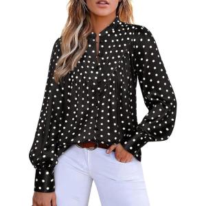 BTFBM Womens Tops Dressy Casual Spring 2026 Boho Floral V Neck Long Sleeve Half Button Down Shirt Work Business Blouses(Dot Black White)