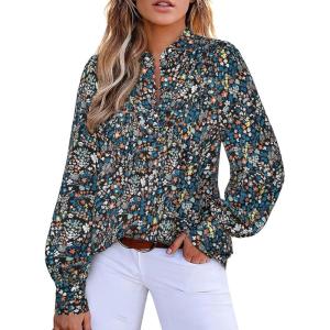 BTFBM Womens Tops Dressy Casual Spring 2026 Boho Floral V Neck Long Sleeve Half Button Down Shirt Work Business Blouses(Floral Black Blue)