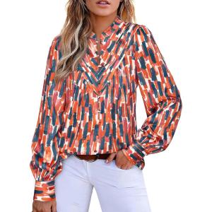 BTFBM Womens Tops Dressy Casual Spring 2026 Boho Floral V Neck Long Sleeve Half Button Down Shirt Work Business Blouses(Striped Orange)