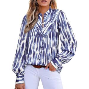 BTFBM Womens Tops Dressy Casual Spring 2026 Boho Floral V Neck Long Sleeve Half Button Down Shirt Work Business Blouses(Striped White Blue)