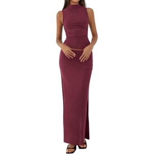 BTFBM Womens Two Piece Outfits Summer Lightweight 2026 Mock Neck Sleeveless Knit Tops Maxi Skirt Set Going Out Dress(Wine Red)