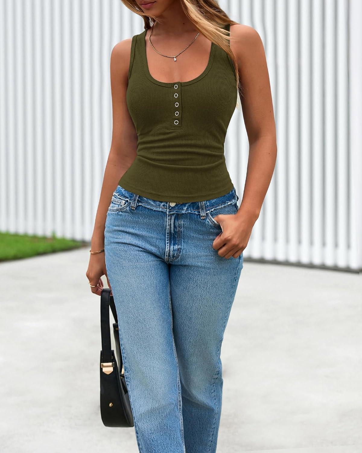imageBTFBM 2026 Spring Tops for Women Summer Scoop Neck Ribbed Henley Button Sleeveless Casual Basic Tank Top Clothes OutfitsArmy Green