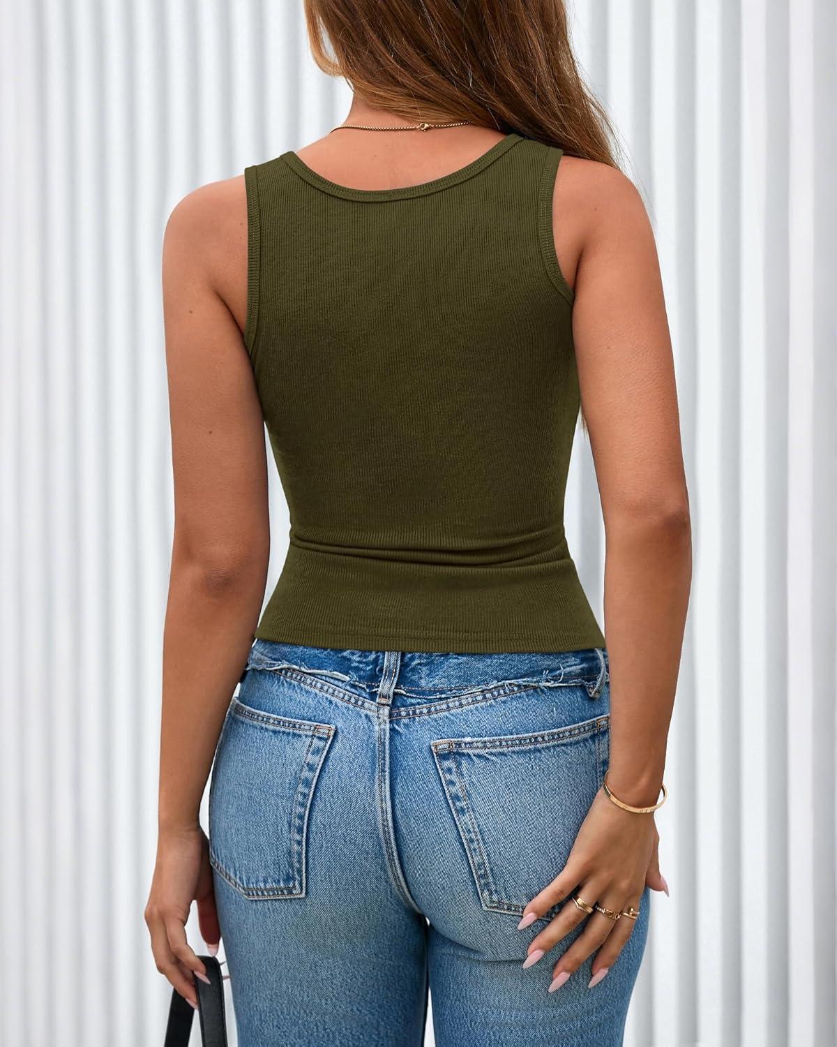imageBTFBM 2026 Spring Tops for Women Summer Scoop Neck Ribbed Henley Button Sleeveless Casual Basic Tank Top Clothes OutfitsArmy Green