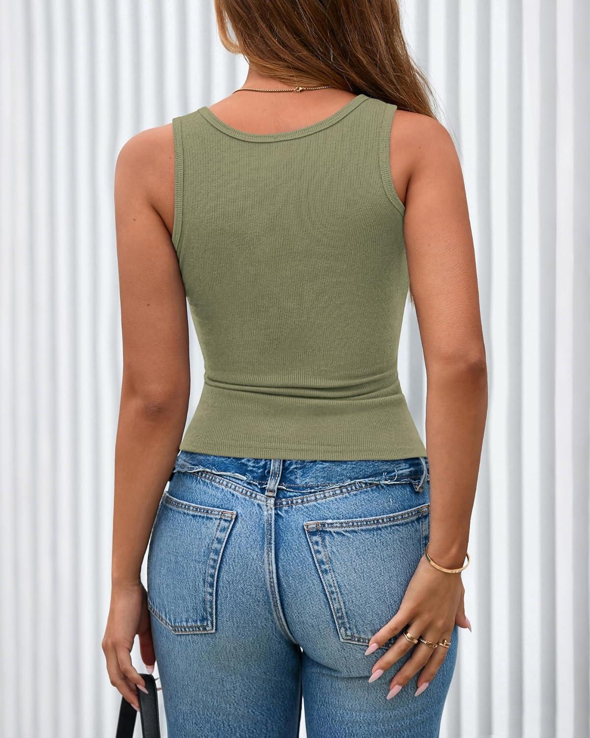 imageBTFBM 2026 Spring Tops for Women Summer Scoop Neck Ribbed Henley Button Sleeveless Casual Basic Tank Top Clothes OutfitsBean Green