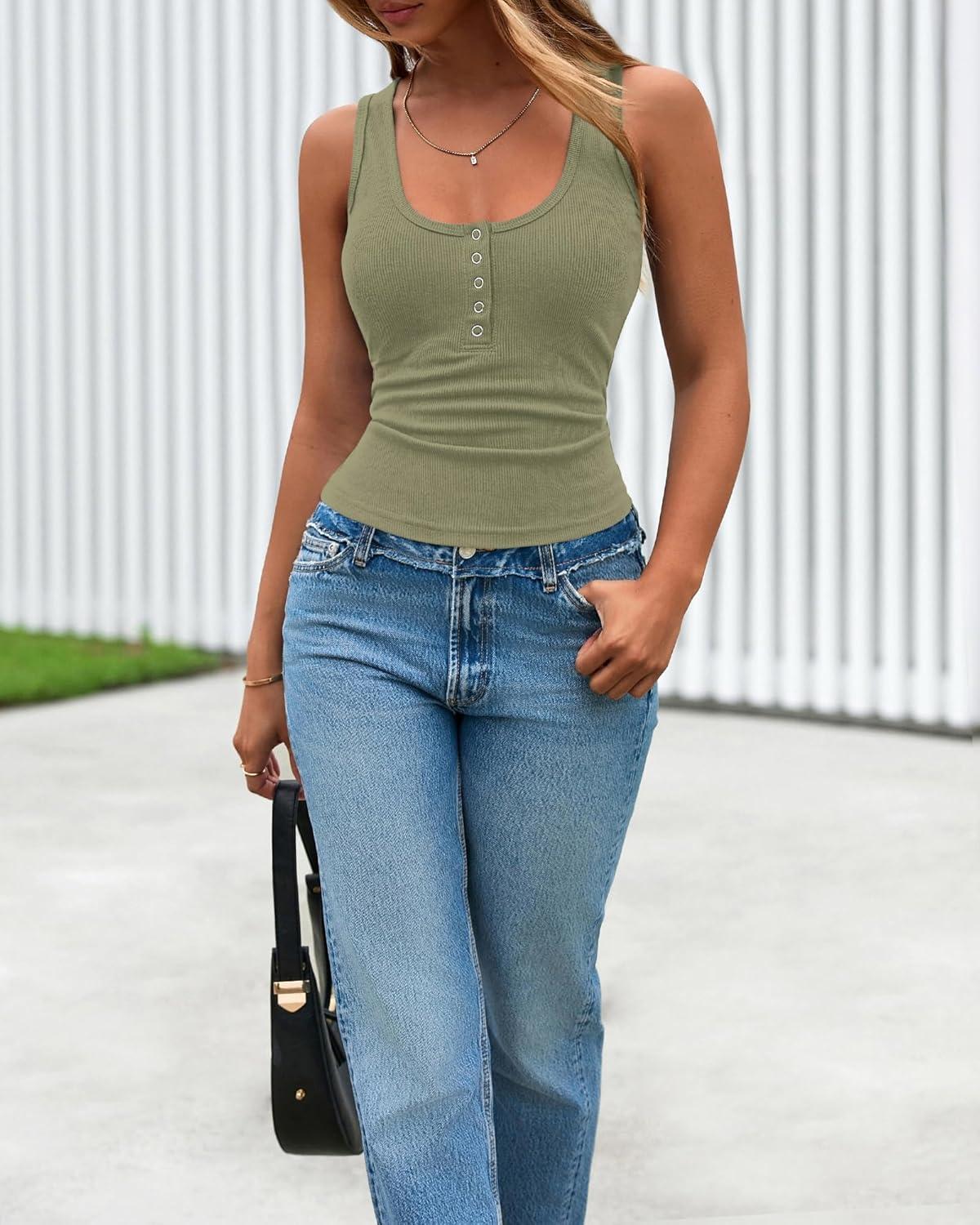 imageBTFBM 2026 Spring Tops for Women Summer Scoop Neck Ribbed Henley Button Sleeveless Casual Basic Tank Top Clothes OutfitsBean Green