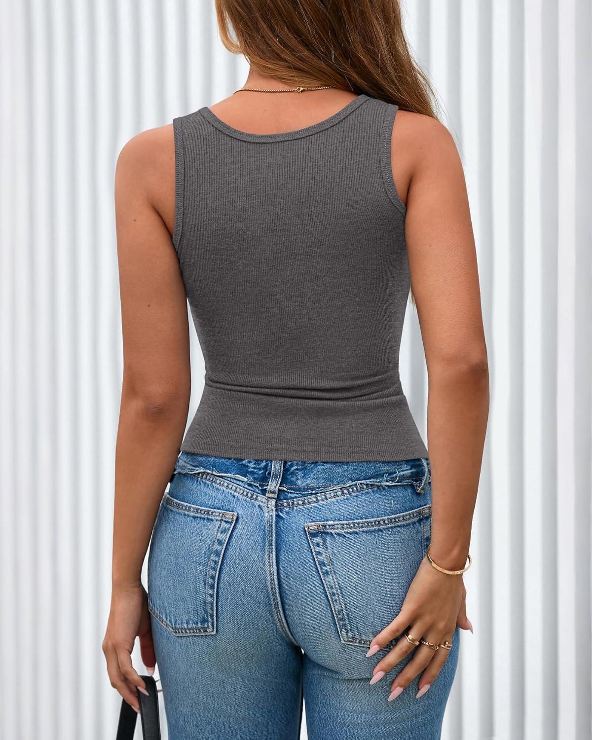 imageBTFBM 2026 Spring Tops for Women Summer Scoop Neck Ribbed Henley Button Sleeveless Casual Basic Tank Top Clothes OutfitsDark Grey