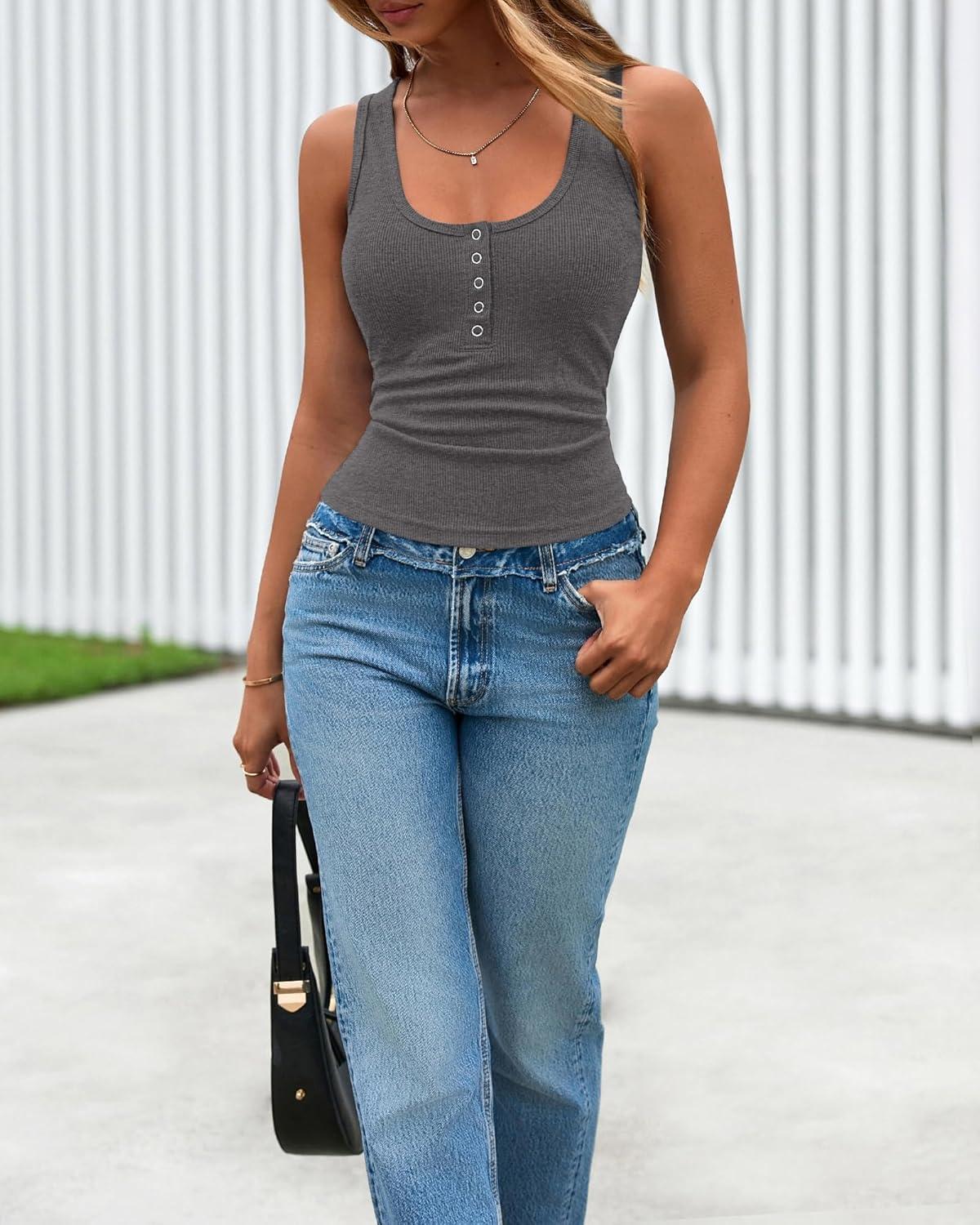 imageBTFBM 2026 Spring Tops for Women Summer Scoop Neck Ribbed Henley Button Sleeveless Casual Basic Tank Top Clothes OutfitsDark Grey