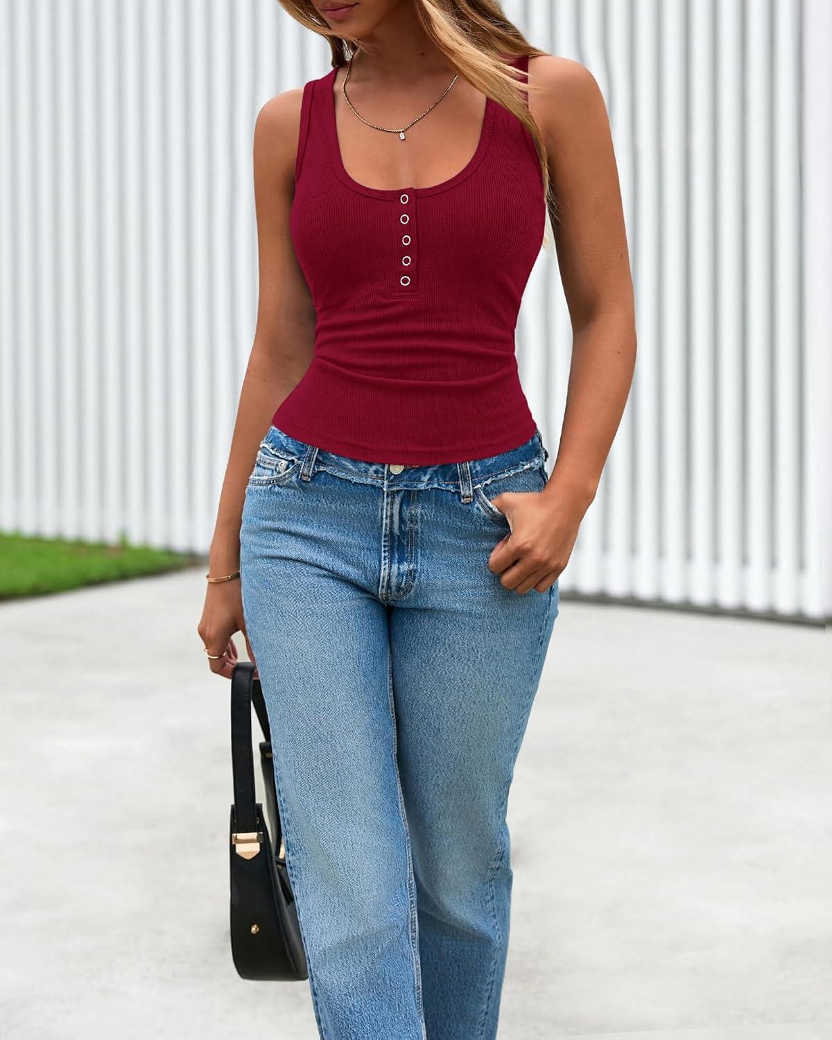 imageBTFBM 2026 Spring Tops for Women Summer Scoop Neck Ribbed Henley Button Sleeveless Casual Basic Tank Top Clothes OutfitsWine Red