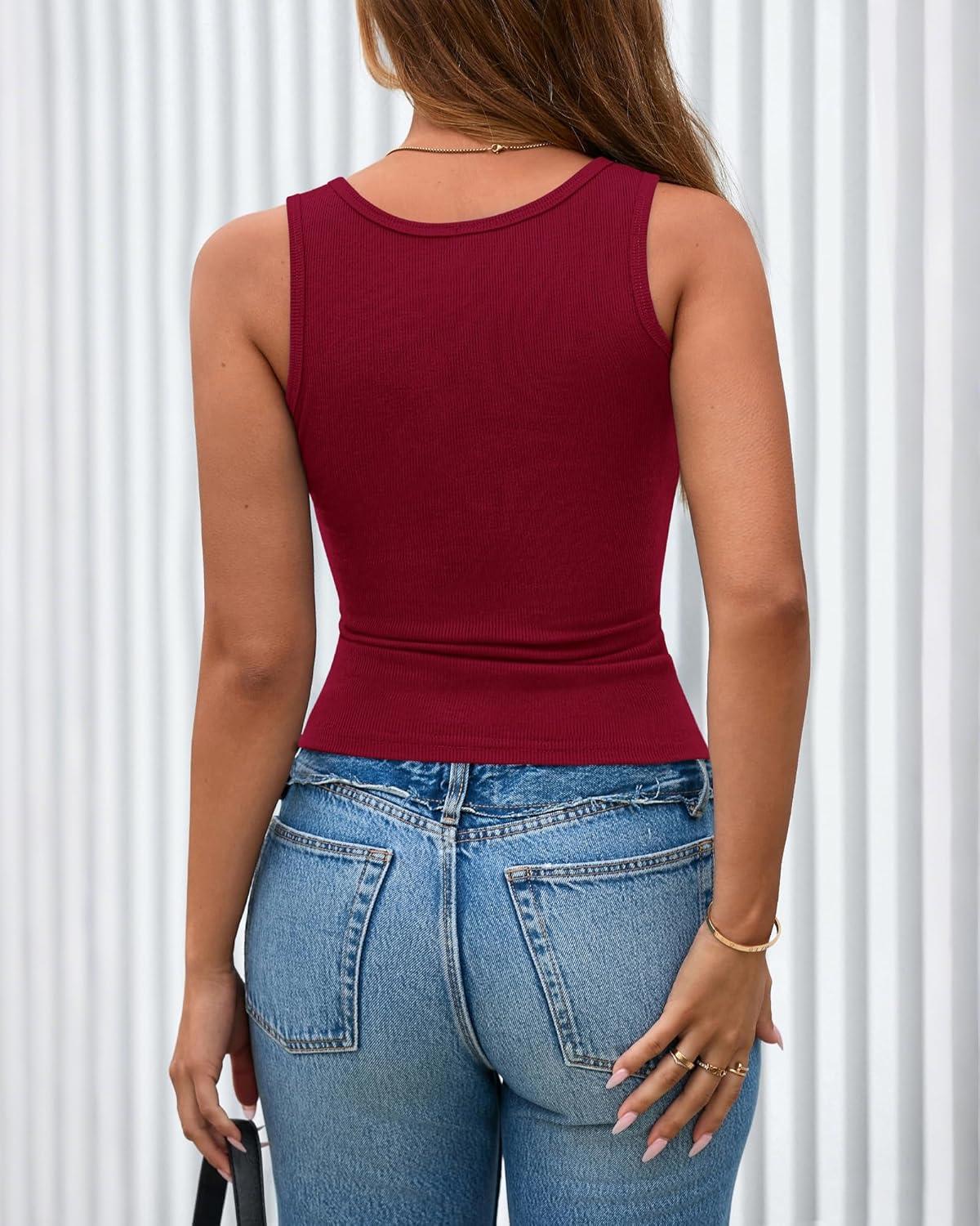 imageBTFBM 2026 Spring Tops for Women Summer Scoop Neck Ribbed Henley Button Sleeveless Casual Basic Tank Top Clothes OutfitsWine Red