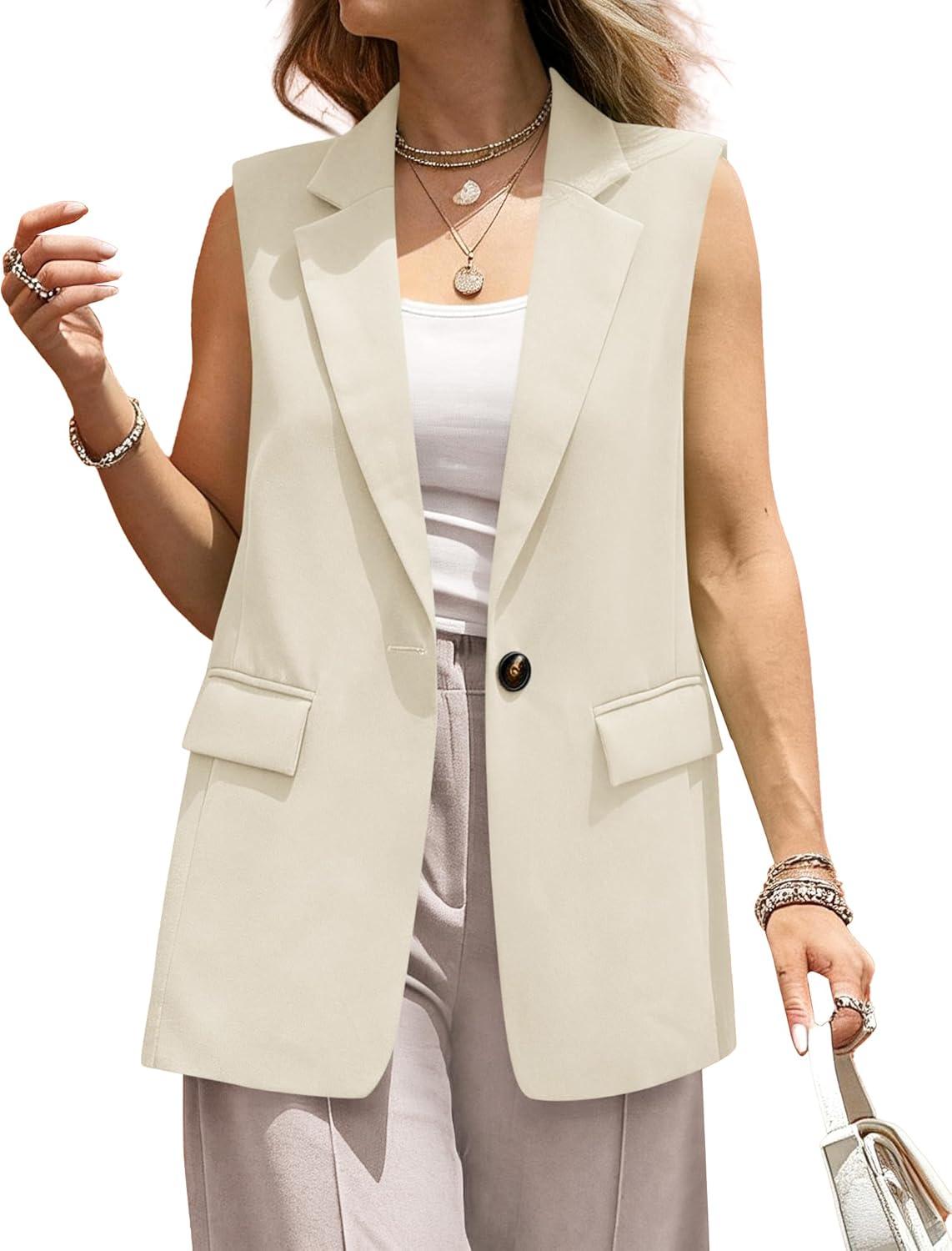imageBTFBM Blazers For Women Open Front Button Loose Vest Tops For Women Work Business Casual Outfits Summer Fashion 2026Beige