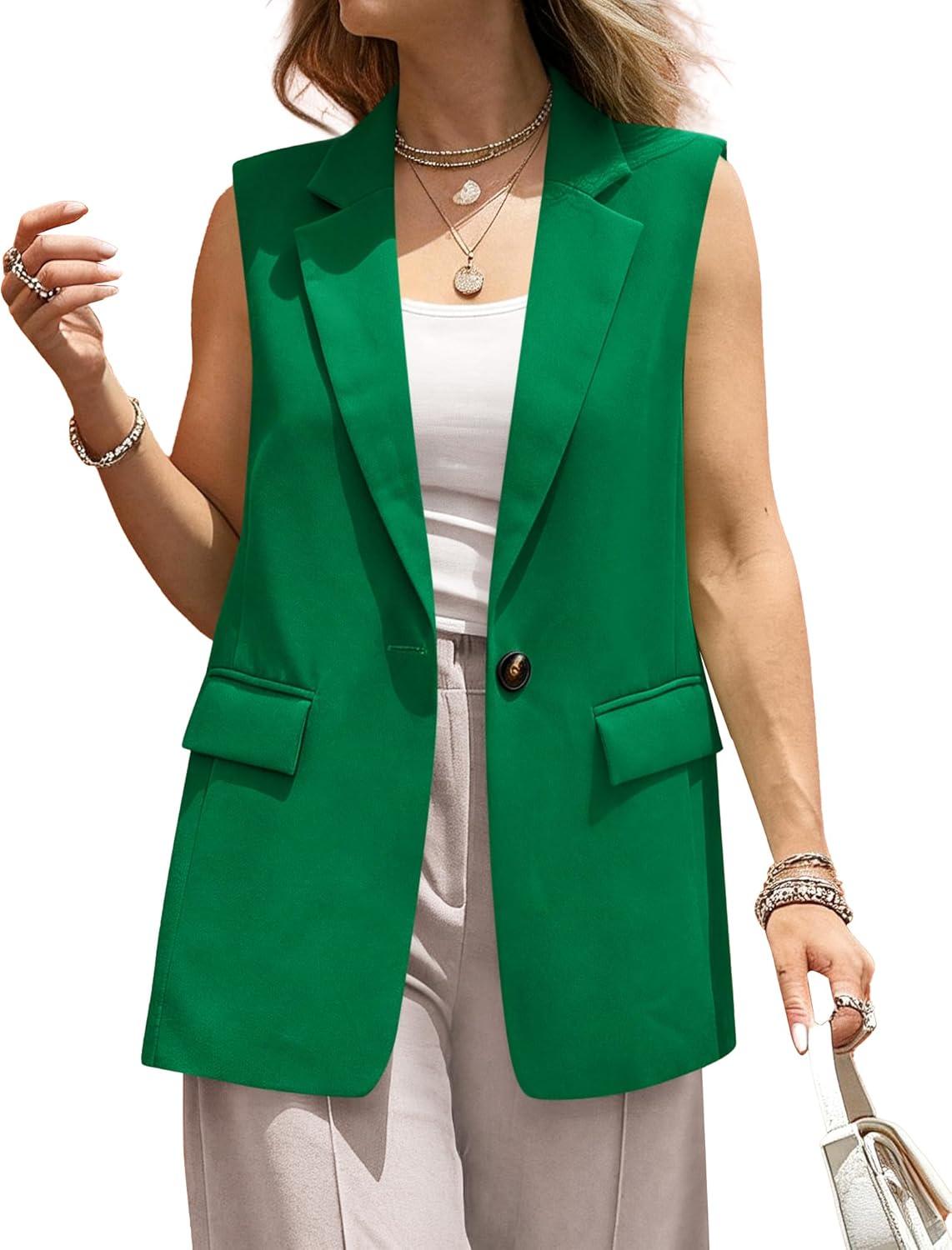 imageBTFBM Blazers For Women Open Front Button Loose Vest Tops For Women Work Business Casual Outfits Summer Fashion 2026Green