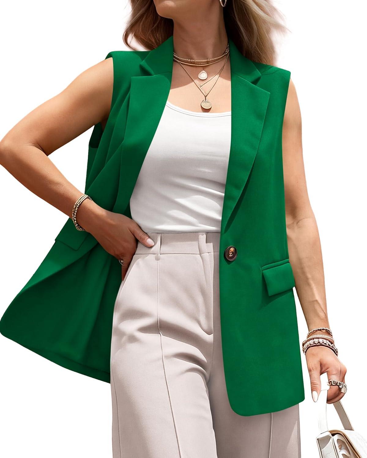 imageBTFBM Blazers For Women Open Front Button Loose Vest Tops For Women Work Business Casual Outfits Summer Fashion 2026Green