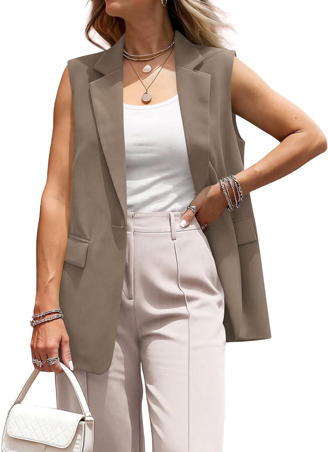 imageBTFBM Blazers For Women Open Front Button Loose Vest Tops For Women Work Business Casual Outfits Summer Fashion 2026Khaki