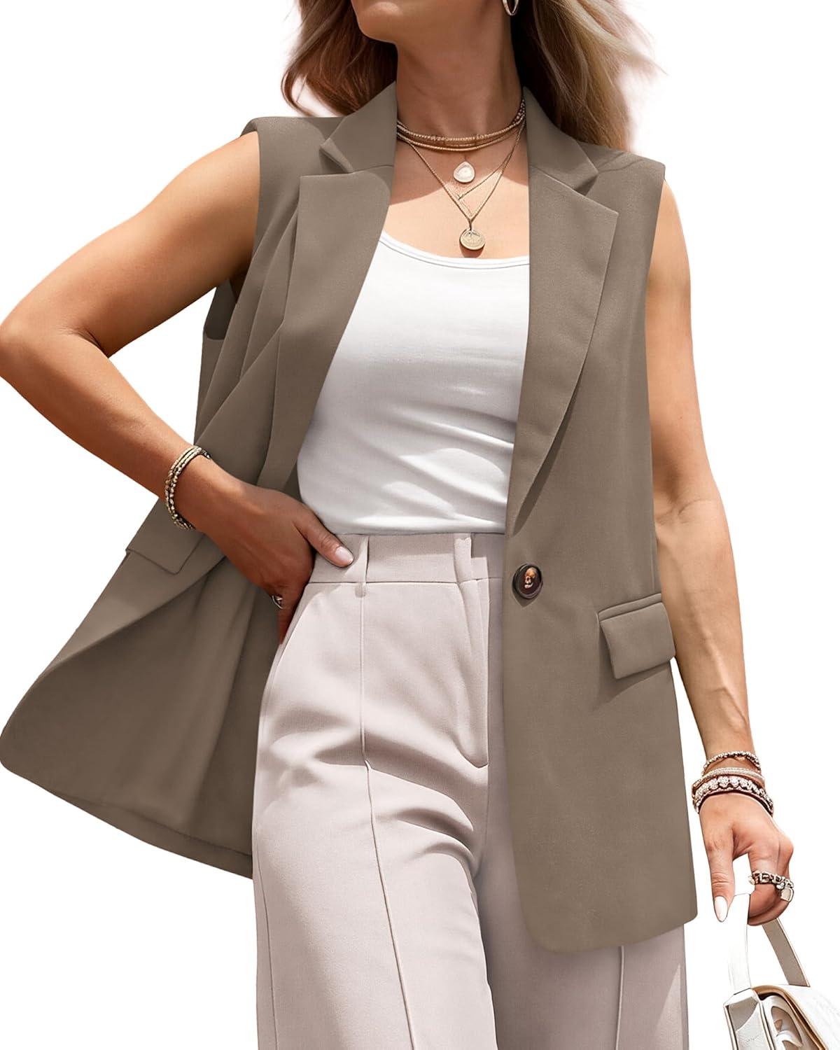 imageBTFBM Blazers For Women Open Front Button Loose Vest Tops For Women Work Business Casual Outfits Summer Fashion 2026Khaki
