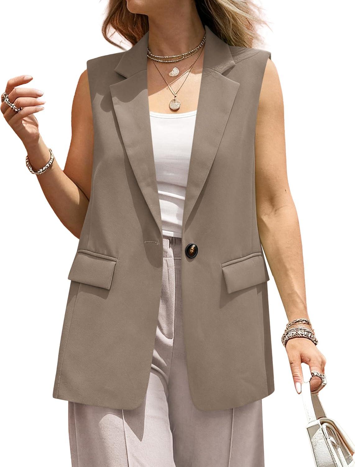 imageBTFBM Blazers For Women Open Front Button Loose Vest Tops For Women Work Business Casual Outfits Summer Fashion 2026Khaki