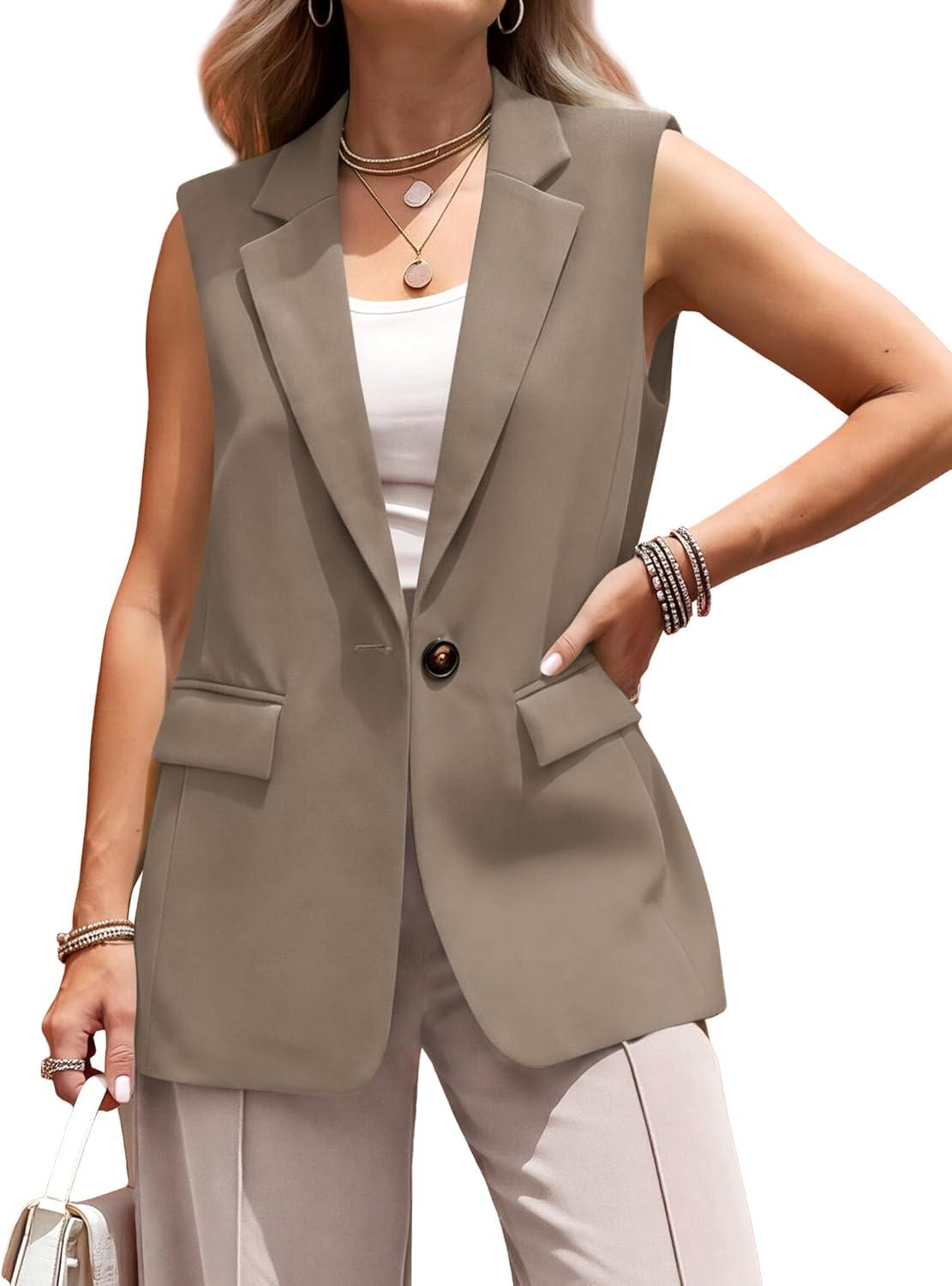 imageBTFBM Blazers For Women Open Front Button Loose Vest Tops For Women Work Business Casual Outfits Summer Fashion 2026Khaki