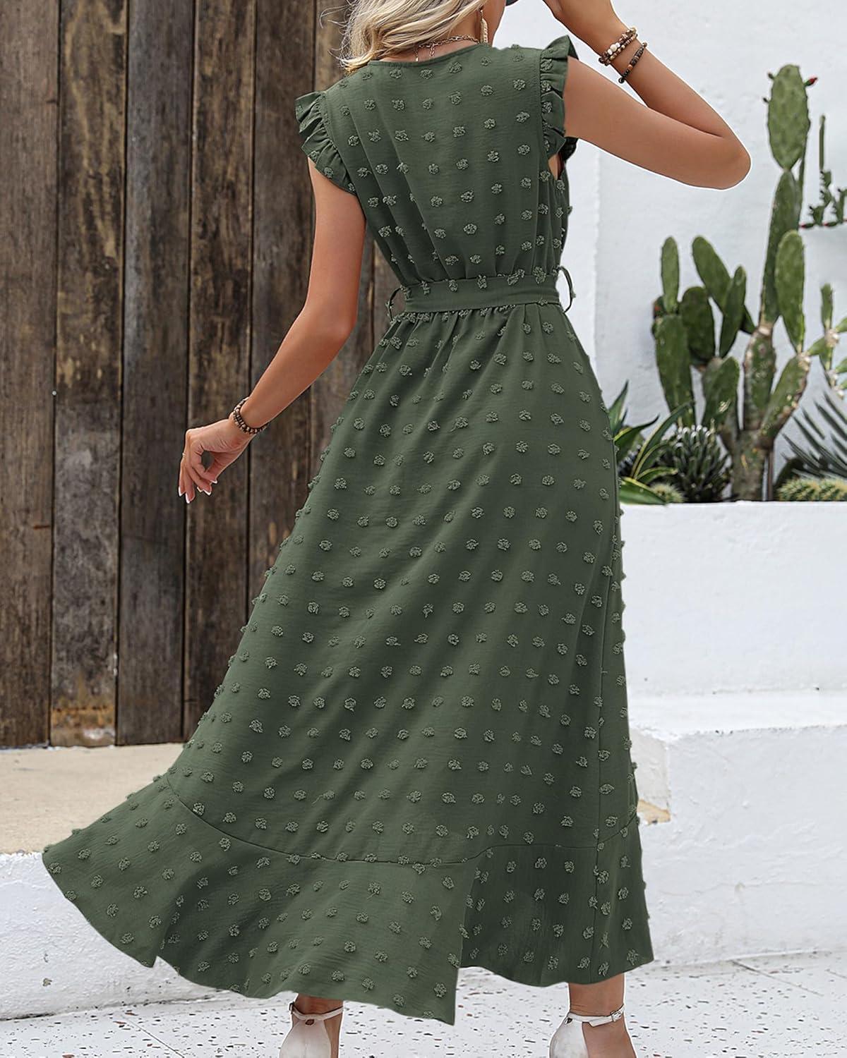 imageBTFBM Boho Dresses for Women 2026 Spring Fashion Cap Sleeve Swiss Dot Flowy Ruffle Beach Wedding Cocktail Maxi DressArmy Green