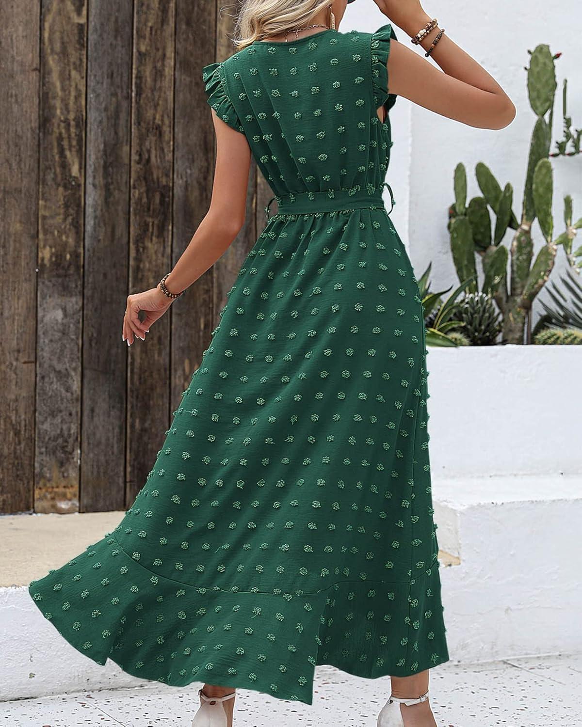imageBTFBM Boho Dresses for Women 2026 Spring Fashion Cap Sleeve Swiss Dot Flowy Ruffle Beach Wedding Cocktail Maxi DressDark Green