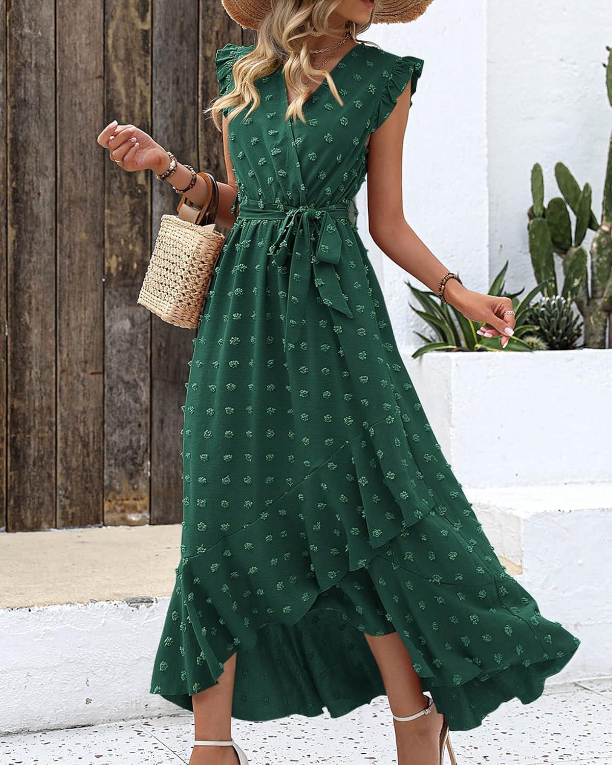imageBTFBM Boho Dresses for Women 2026 Spring Fashion Cap Sleeve Swiss Dot Flowy Ruffle Beach Wedding Cocktail Maxi DressDark Green