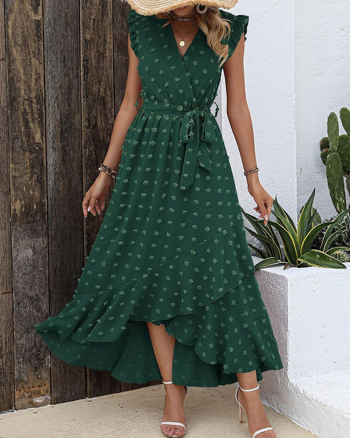 imageBTFBM Boho Dresses for Women 2026 Spring Fashion Cap Sleeve Swiss Dot Flowy Ruffle Beach Wedding Cocktail Maxi DressDark Green