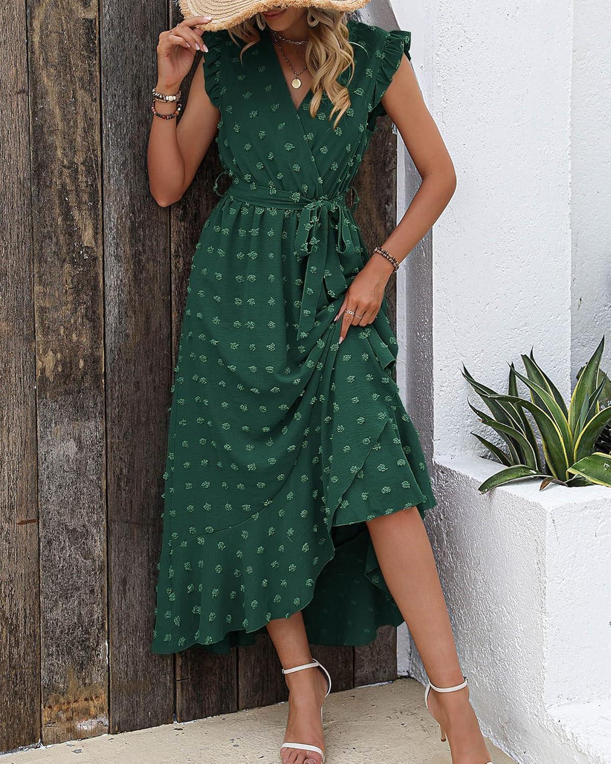 imageBTFBM Boho Dresses for Women 2026 Spring Fashion Cap Sleeve Swiss Dot Flowy Ruffle Beach Wedding Cocktail Maxi DressDark Green