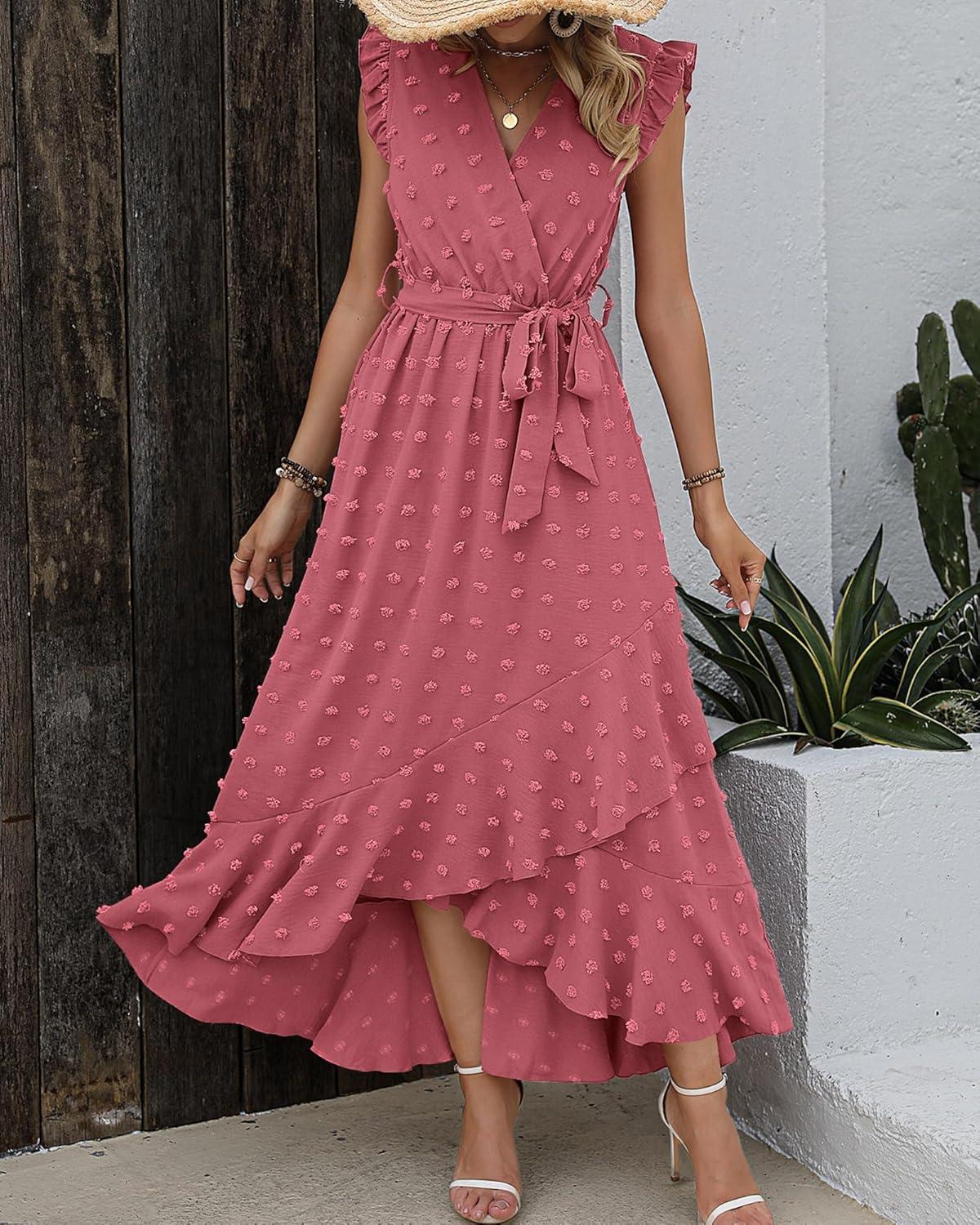 imageBTFBM Boho Dresses for Women 2026 Spring Fashion Cap Sleeve Swiss Dot Flowy Ruffle Beach Wedding Cocktail Maxi DressPink